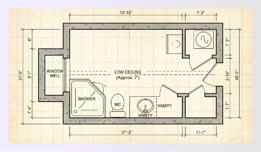 Basement 3/4 bathroom layout with low ceiling Basement 3/4 bathroom layout with low ceiling