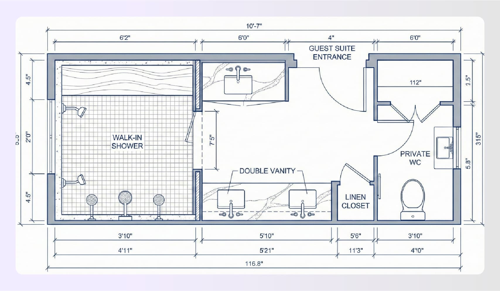 Luxury guest suite 3/4 bathroom layout render Luxury guest suite 3/4 bathroom layout render