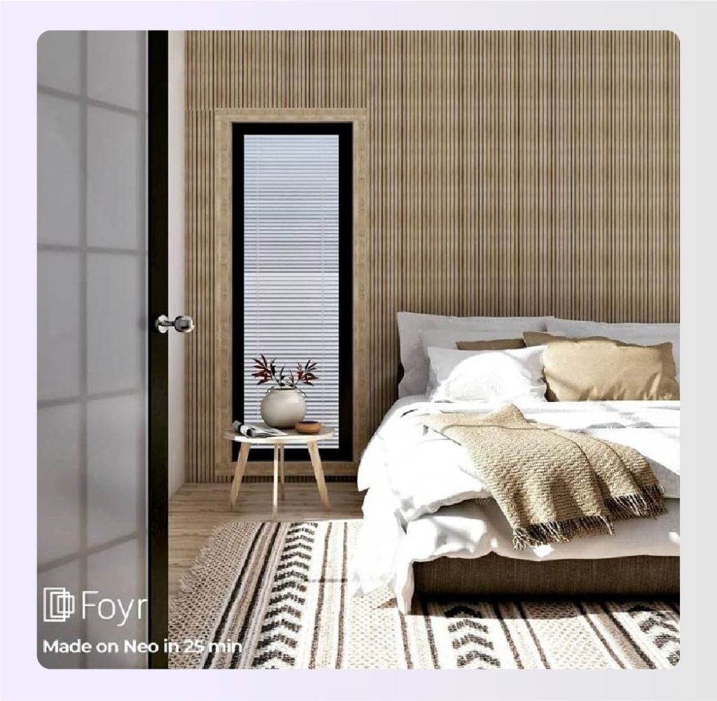 Bedroom render with wooden paneling created in Foyr Neo