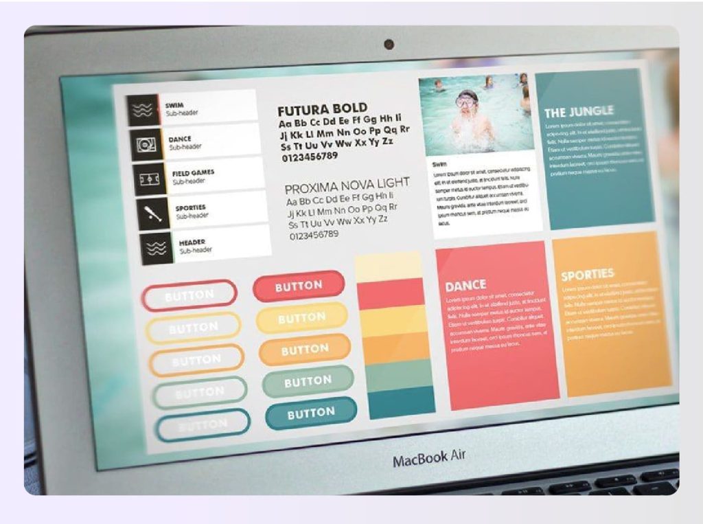 Organized corporate mood board with color swatches and typography