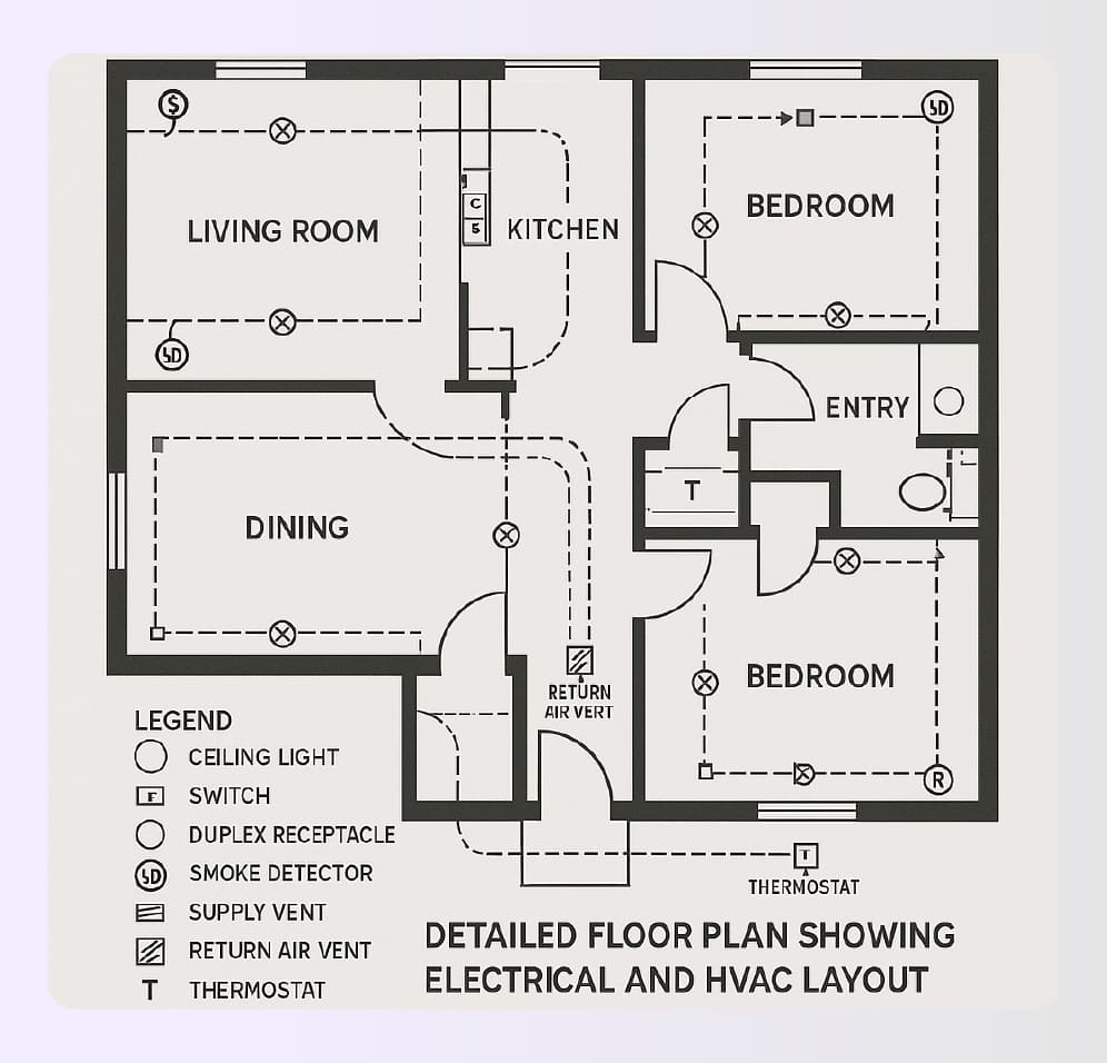 Detailed floor plan showing electrical and HVAC layout Detailed floor plan showing electrical and HVAC layout