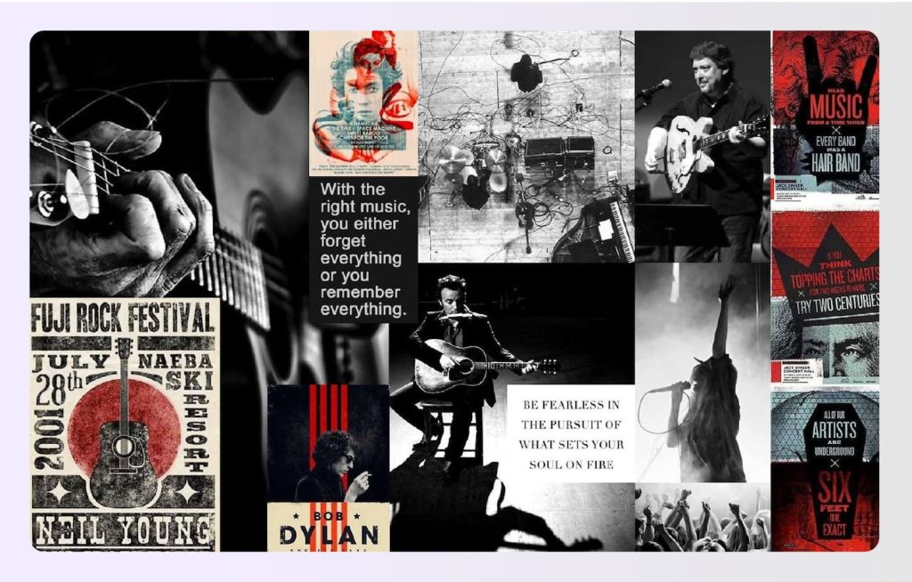 Music themed mood board with guitars and concert posters