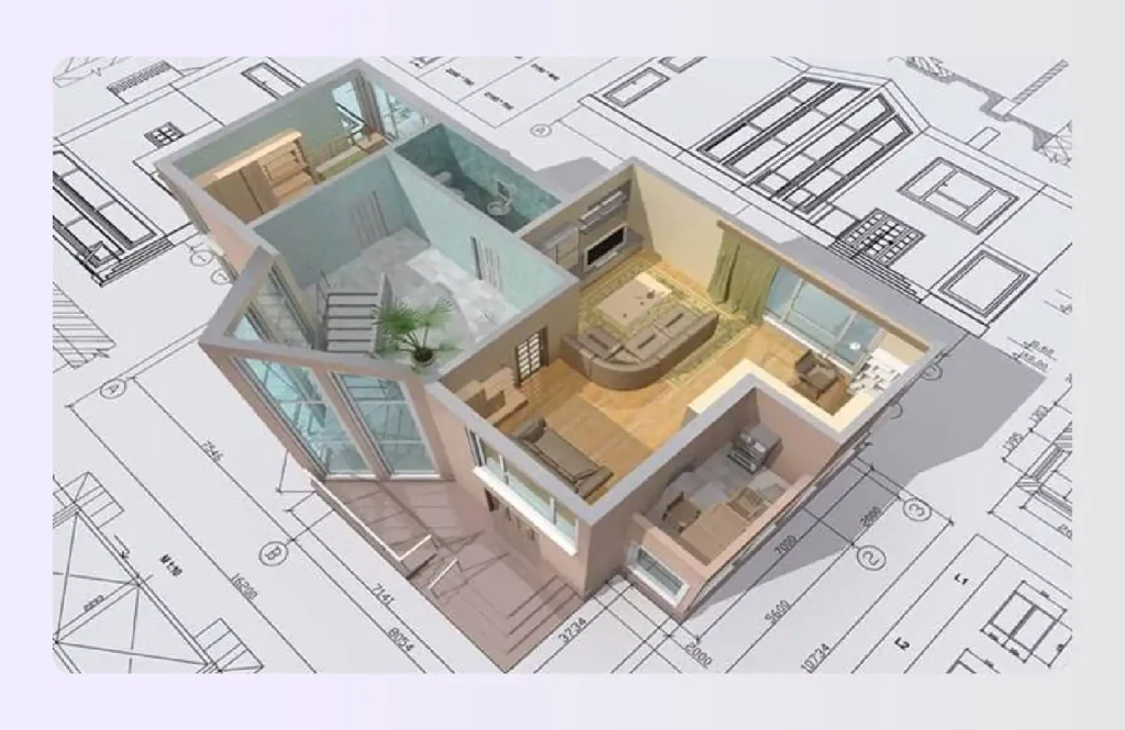 3D floor plan layout showing architectural wall structures 3D floor plan layout showing architectural wall structures