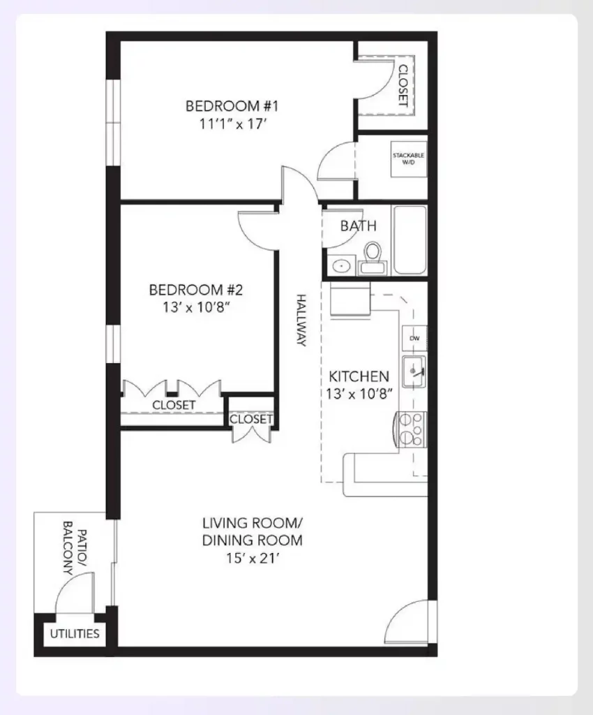 A 2-bedroom apartment floor plan with one bathroom A 2-bedroom apartment floor plan with one bathroom