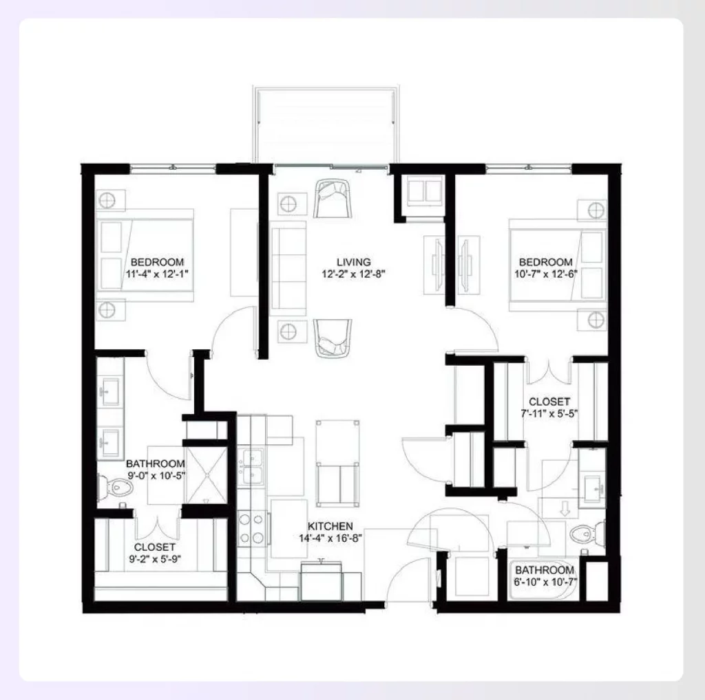A 2-bedroom apartment floor plan with two bathrooms A 2-bedroom apartment floor plan with two bathrooms