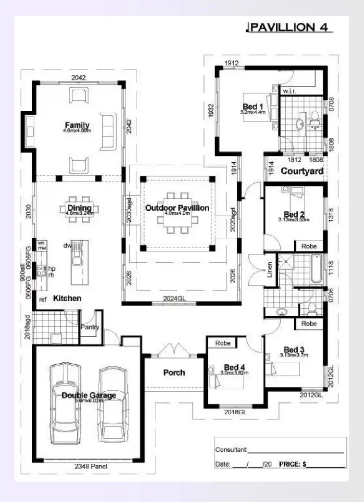 A 4-bedroom floor plan centered around a sunny courtyard
