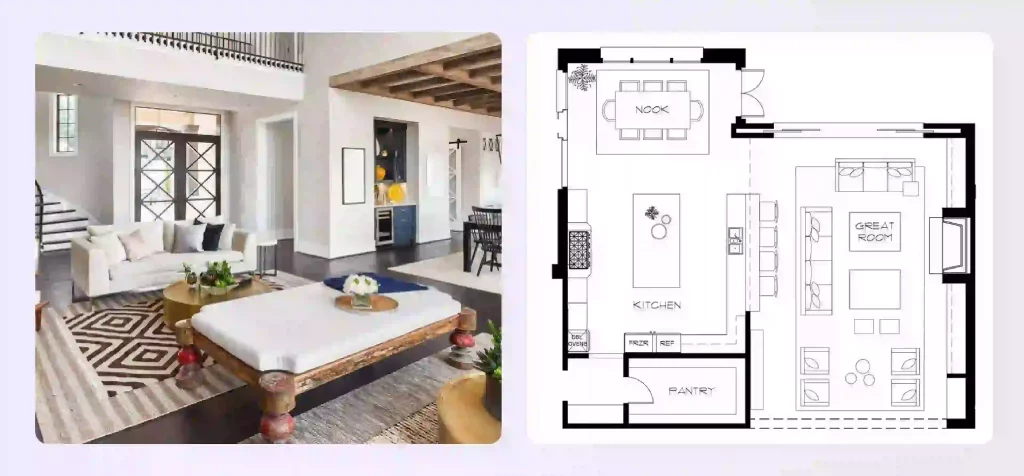 A broken-plan design, showing a living space with a half-wall and an archway A broken-plan design, showing a living space with a half-wall and an archway