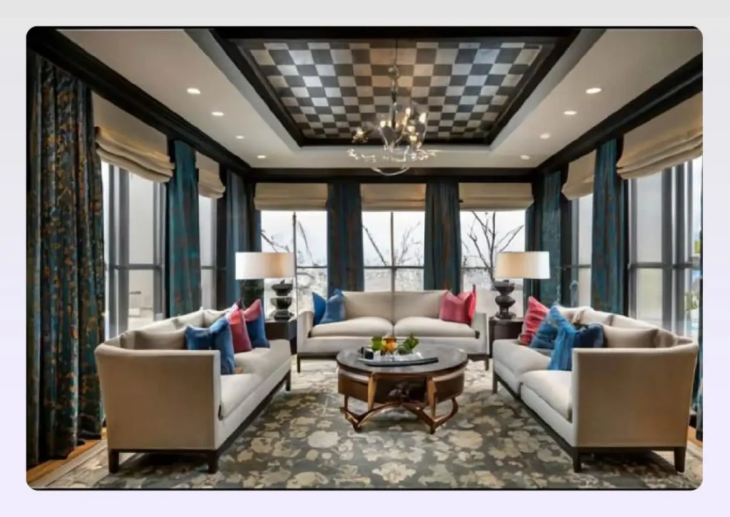 A checkered fabric panel inside a black tray ceiling