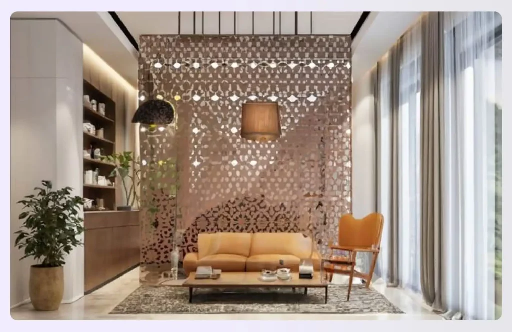 A decorative hanging PVC panel screen in a living room