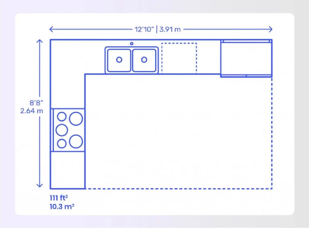A detailed L-shaped kitchen floor plan with dimensions