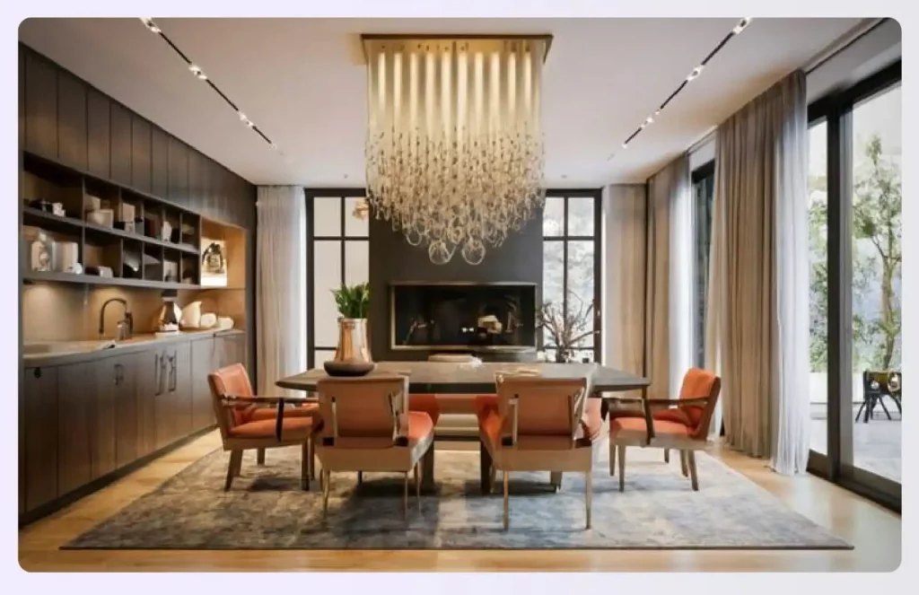 A dining room with a large, dramatic chandelier