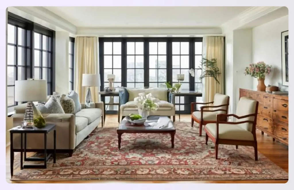 A large area rug defining a seating area