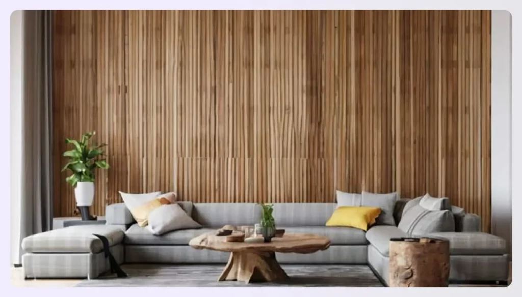 A living room with a feature wall of vertical wooden slabs