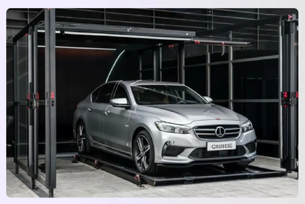 A luxury car parked on a hydraulic car lift.