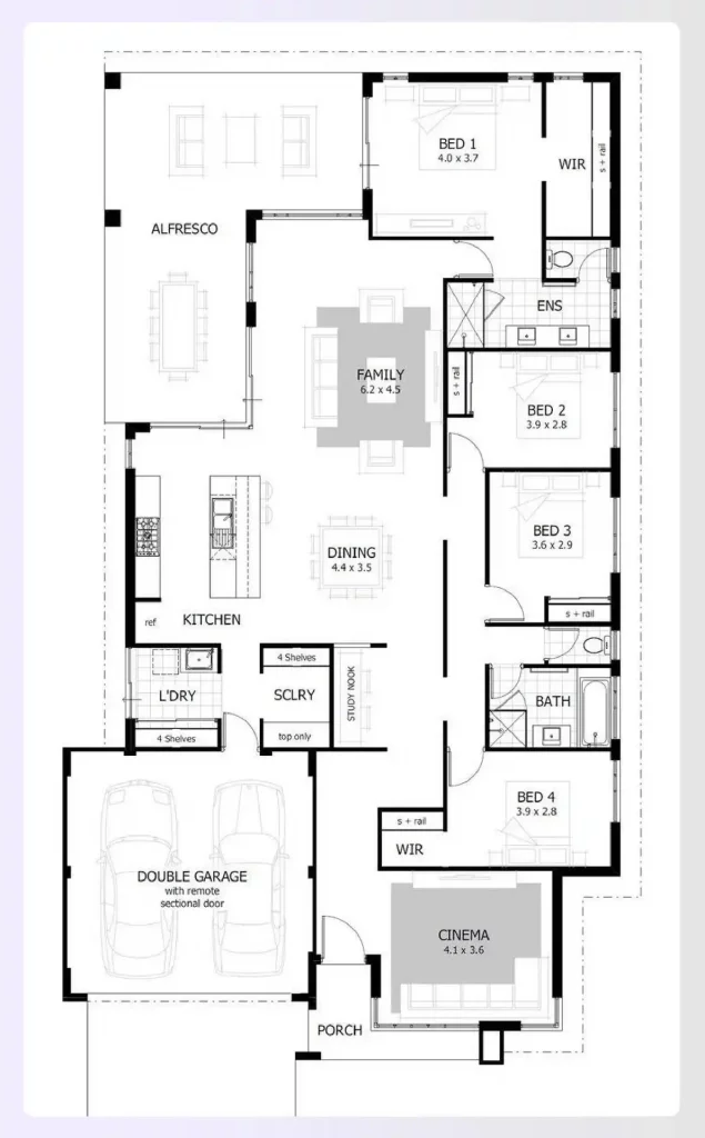 A modern 4-bedroom house plans with a single-story layout