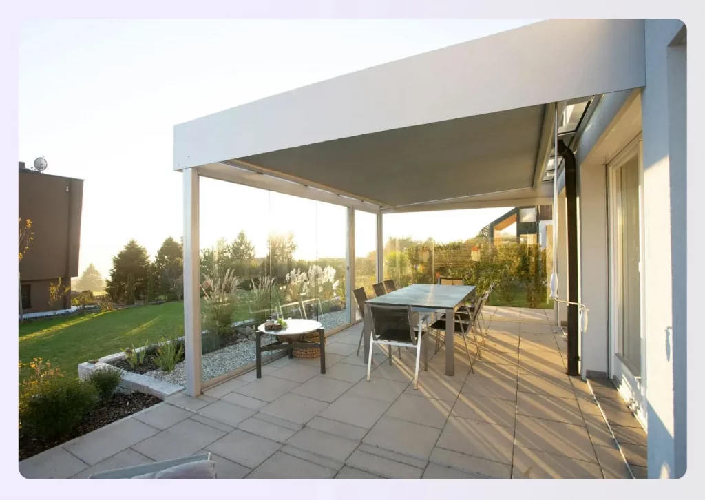 A modern enclosed porch for dining A modern enclosed porch for dining