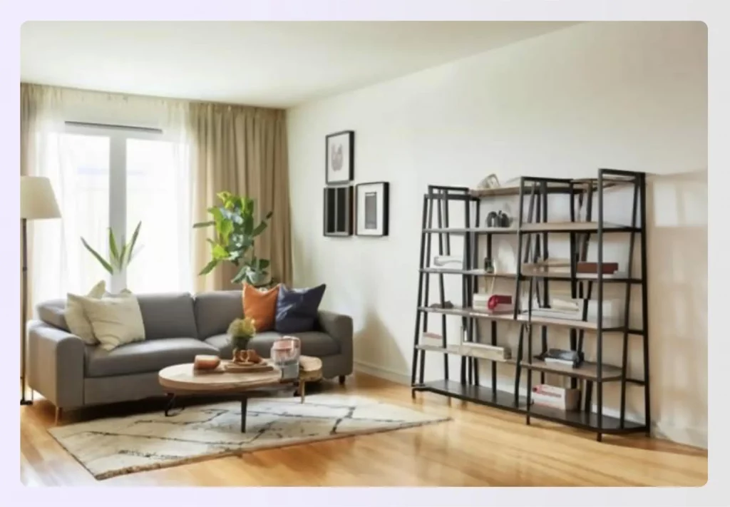A modern magazine rack standing next to a grey sofa