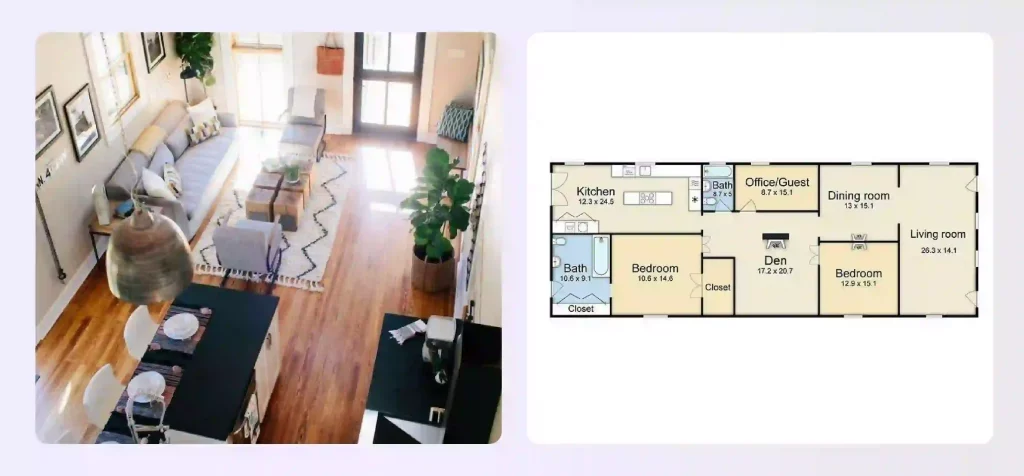 A narrow, long open floor plan, showing a linear arrangement of rooms A narrow, long open floor plan, showing a linear arrangement of rooms