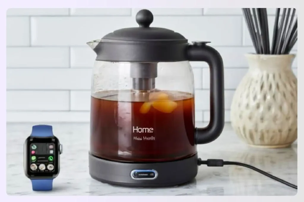 A smart coffee maker next to a smartwatch