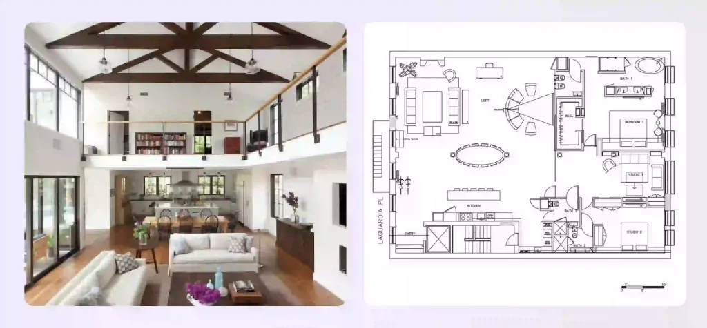 A spacious open-plan living area with kitchen, dining, and living zones. A spacious open-plan living area with kitchen, dining, and living zones