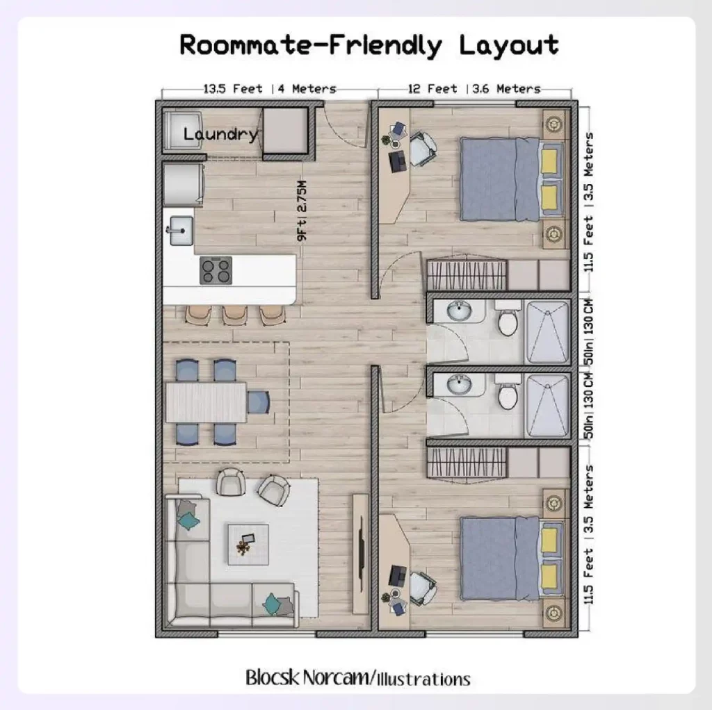 A split-style 2-bedroom apartment floor plan A split-style 2-bedroom apartment floor plan