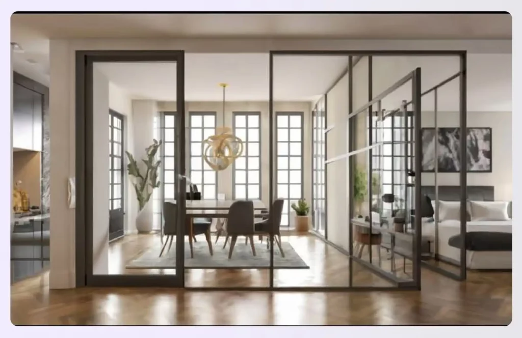 A stylish glass wall divider living room