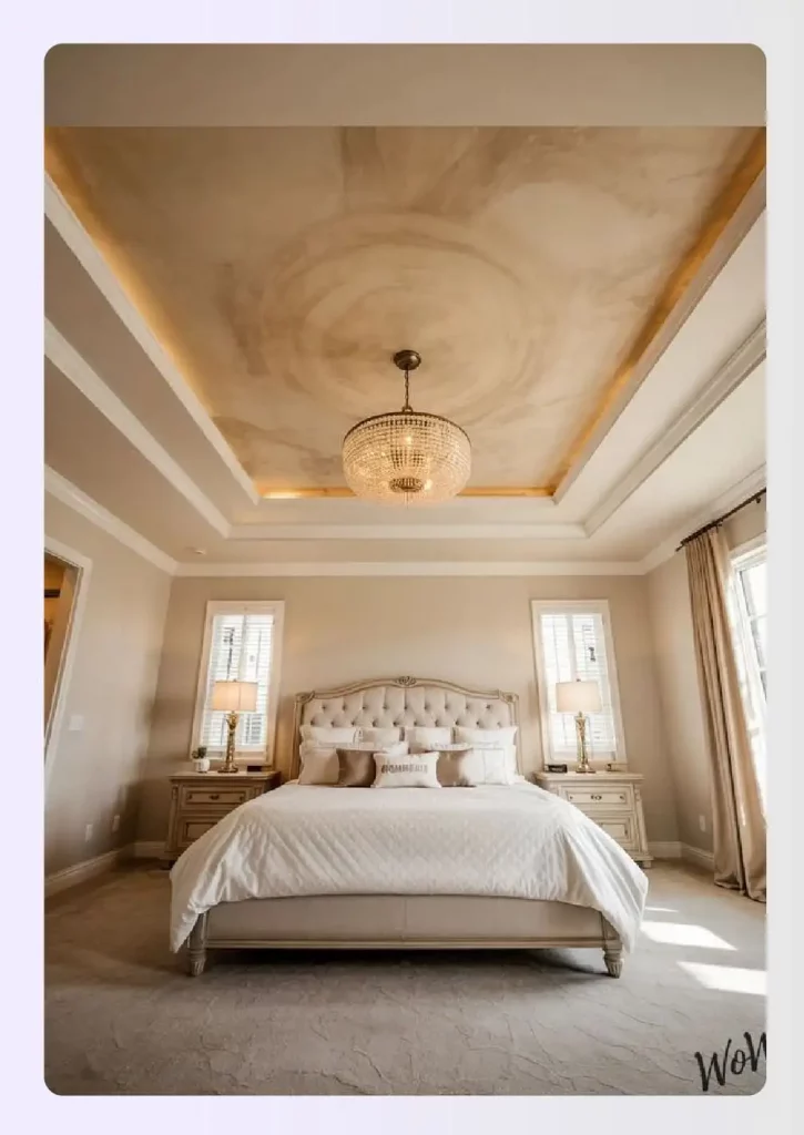 A tray ceiling featuring a subtle textured plaster finish