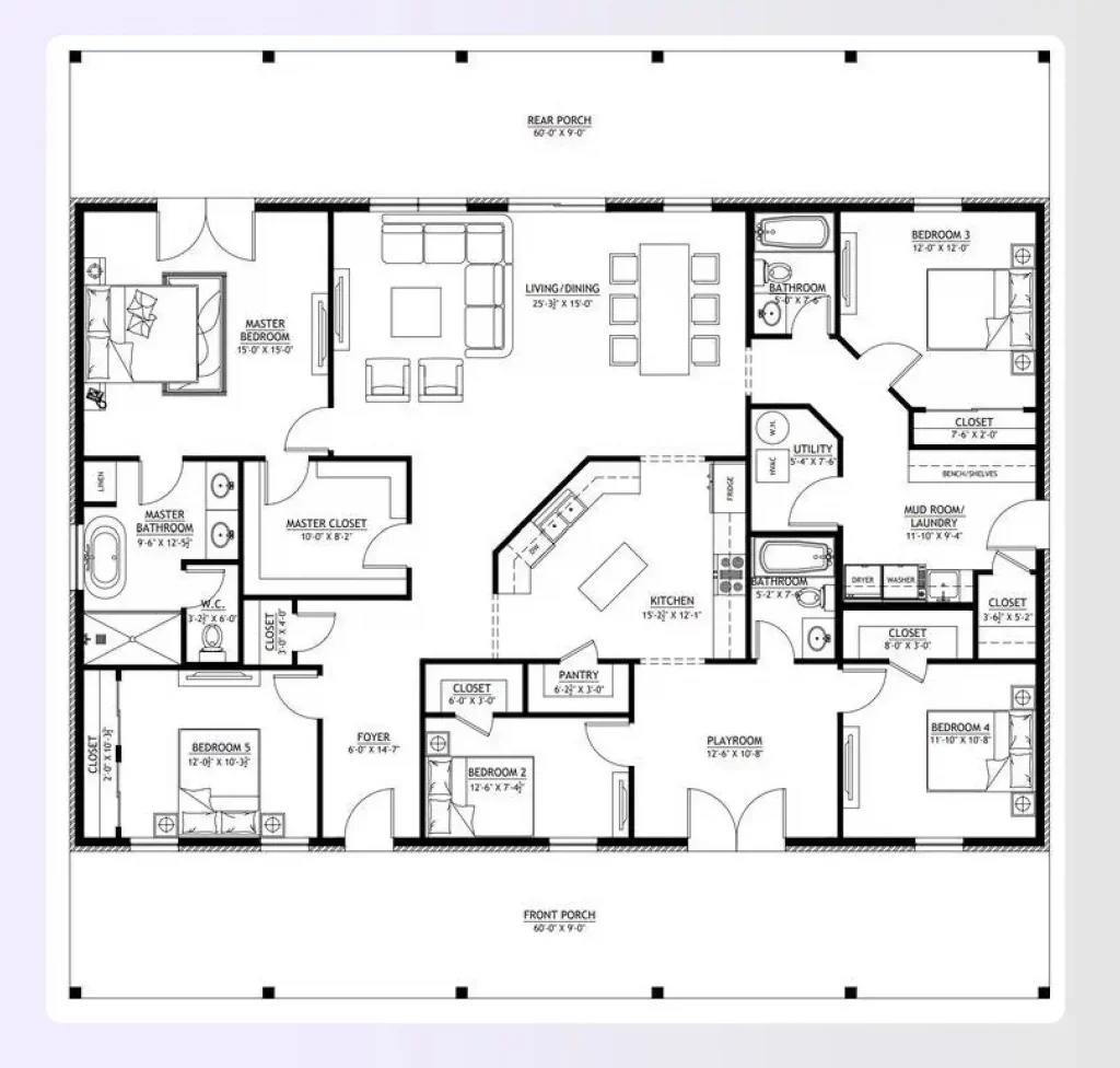 An accessible single-story 4-bedroom ranch floor plan
