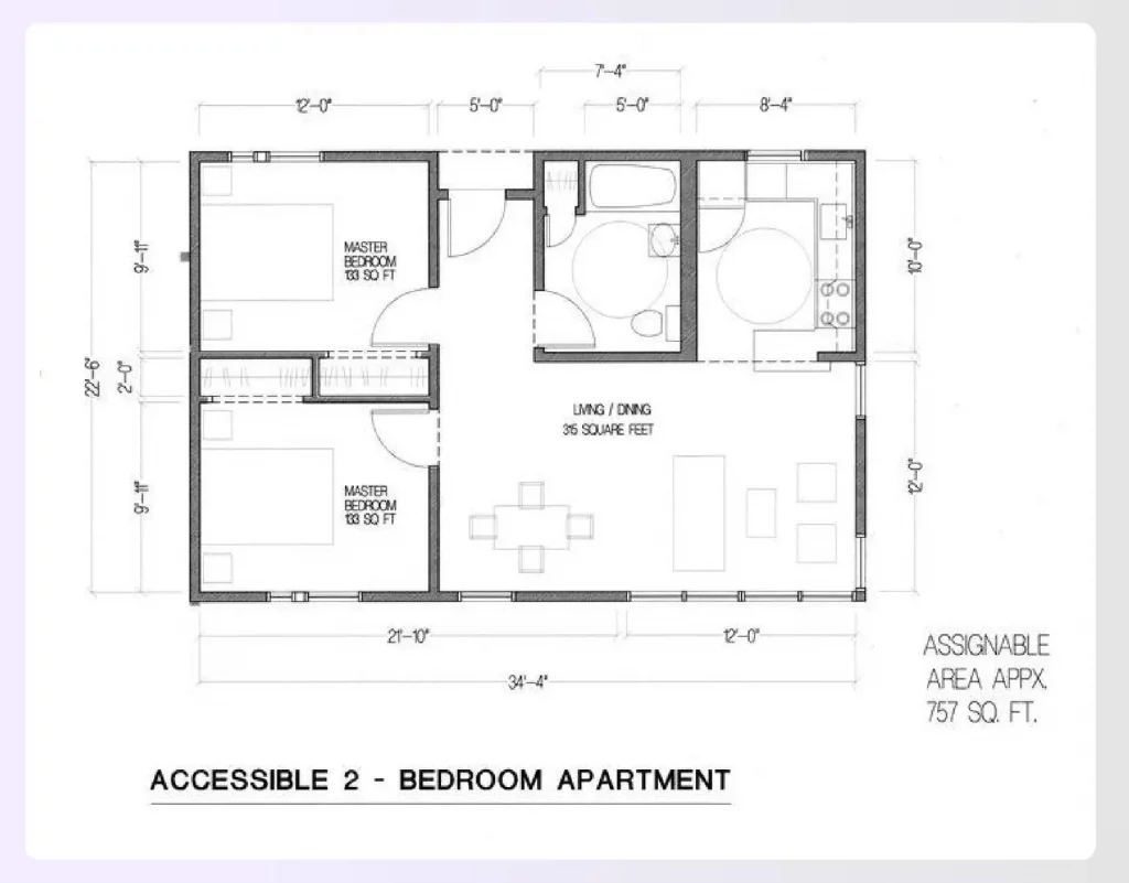 An ADA accessible 2-bedroom apartment floor plan An ADA accessible 2-bedroom apartment floor plan