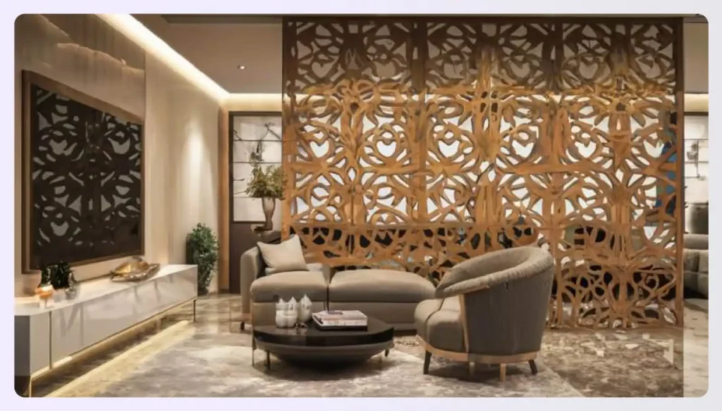 An intricate laser-cut wooden panel dividing a living area