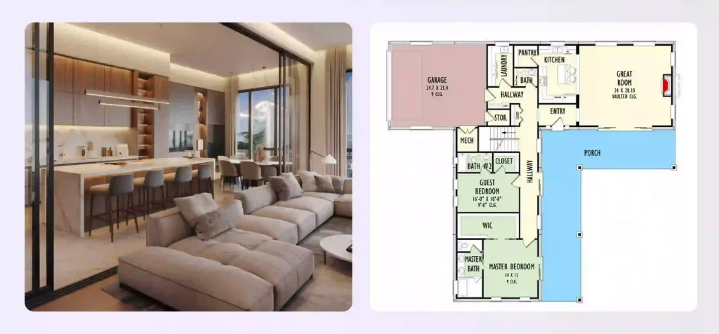 An L-shaped open concept floor plan with distinct living and dining areas. An L-shaped open concept floor plan with distinct living and dining areas