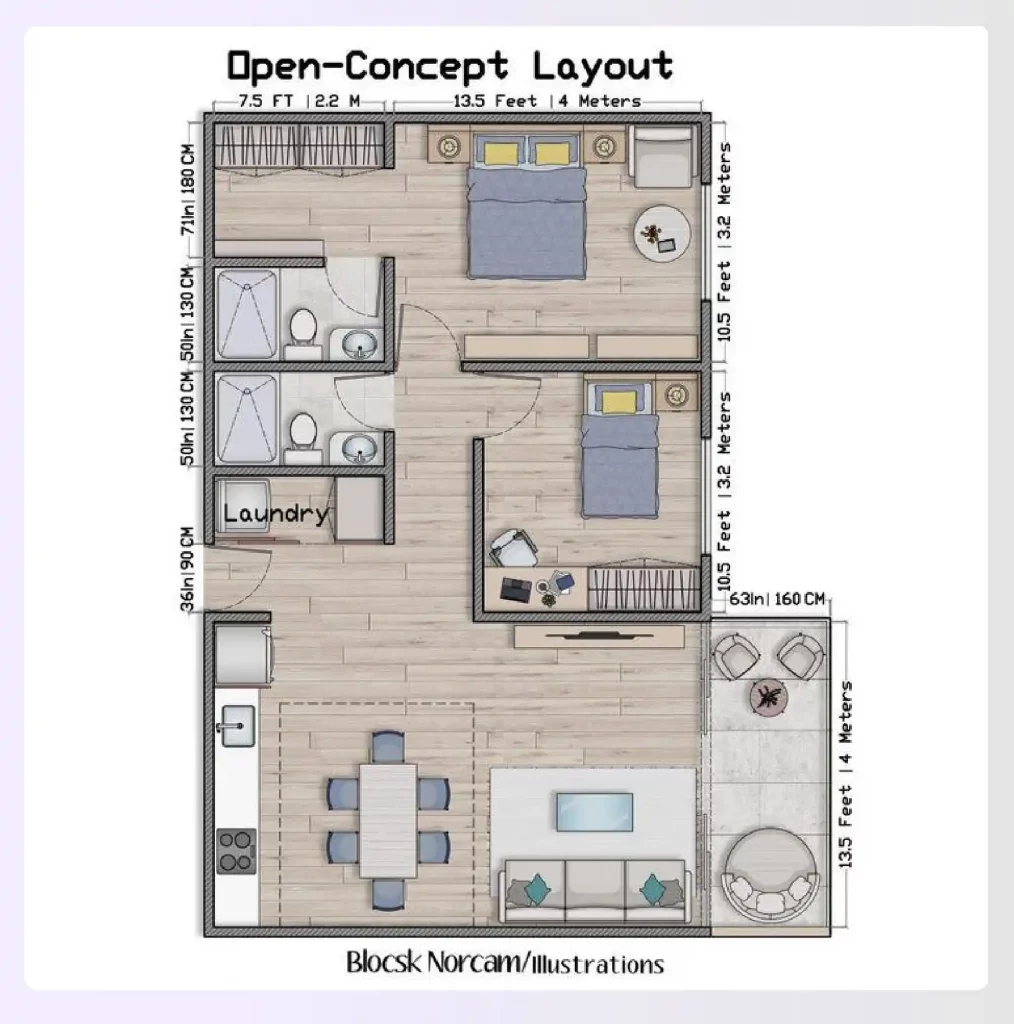 An open-concept 2-bedroom apartment floor plan An open-concept 2-bedroom apartment floor plan