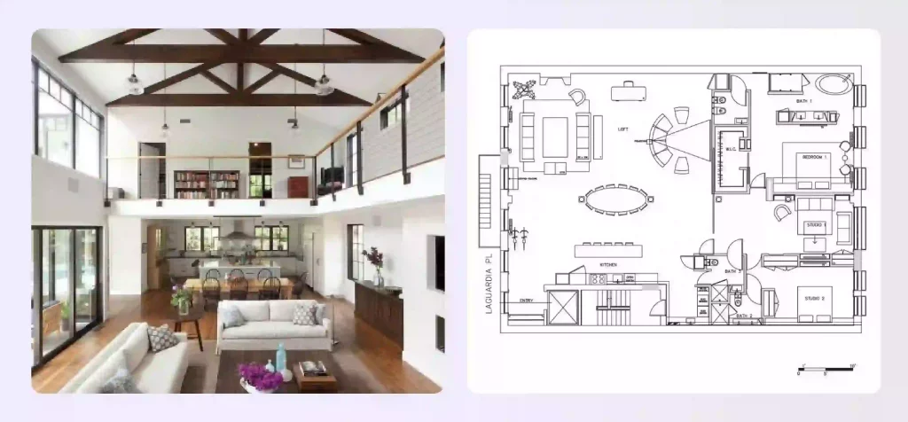 An open plan living area with a dramatic double-height ceiling and a loft An open plan living area with a dramatic double-height ceiling and a loft
