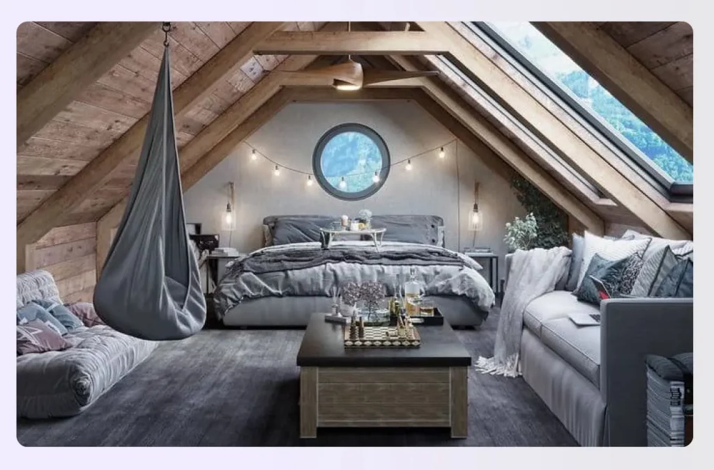 Attic bedroom with exposed wooden beams Attic bedroom with exposed wooden beams