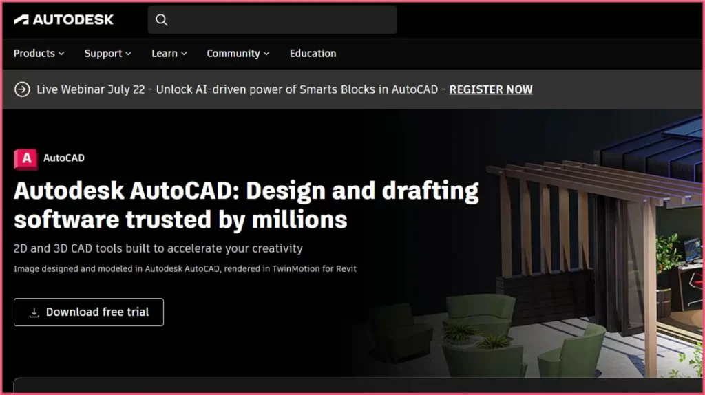 AutoCAD is a technical drafting software displaying precise 2D architectural drawings with measurement and command tools