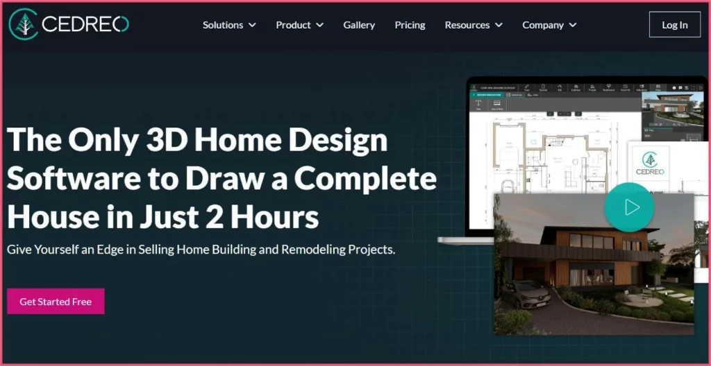 Cedreo is a 3D home design software displaying modern house exteriors with rapid rendering capabilities