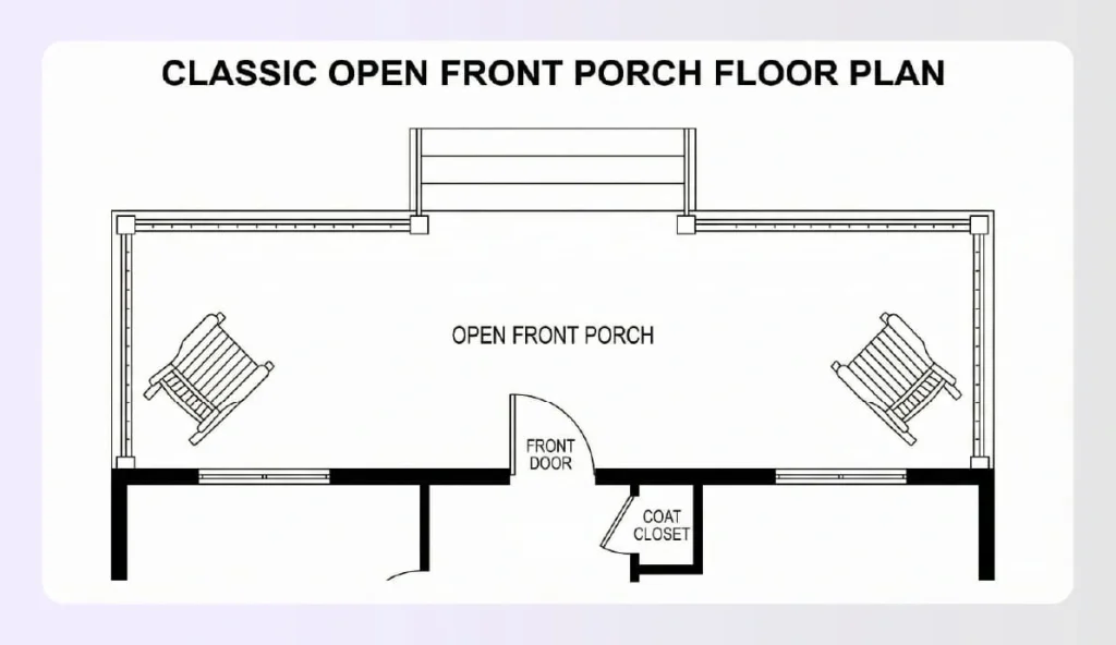 Classic open front porch floor plan layout with rocking chairs Classic open front porch floor plan layout with rocking chairs