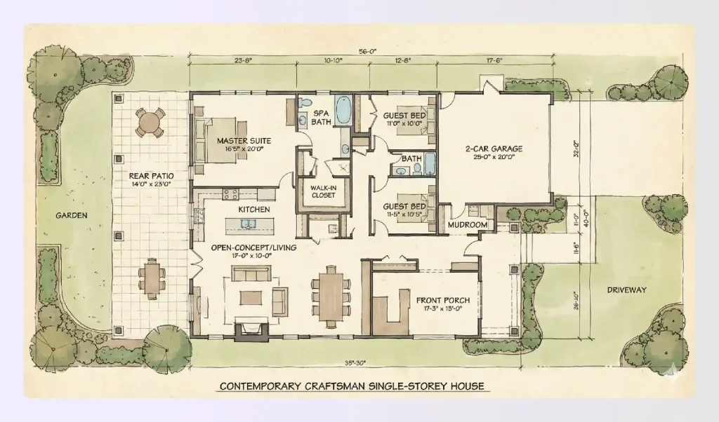Contemporary craftsman single-storey house plans’ exterior Contemporary craftsman single-storey house plans’ exterior
