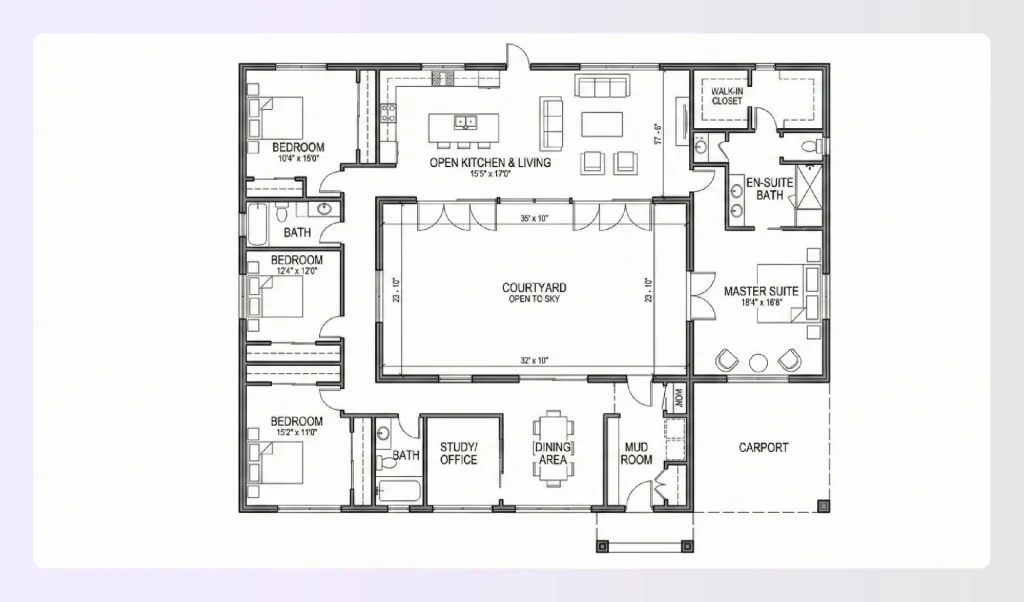 Courtyard-focused single-story home plan Courtyard-focused single-story home plan