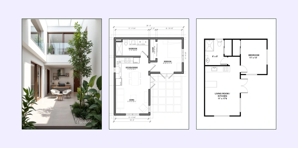 Courtyard one-bedroom house plan with outdoor central space Courtyard one-bedroom house plan with outdoor central space