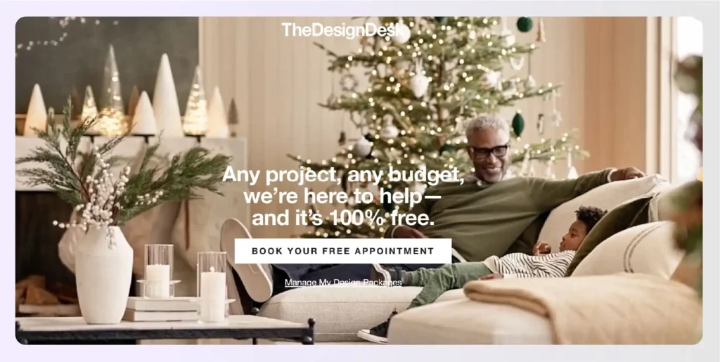 Crate & Barrel Design Desk interface showing complimentary interior design consultation and floor planning services Crate & Barrel Design Desk interface showing complimentary interior design consultation and floor planning services