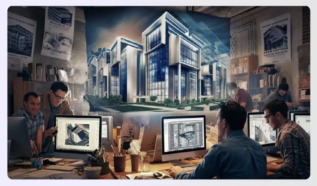 Design team creating functional layouts with AI software Design team creating functional layouts with AI software