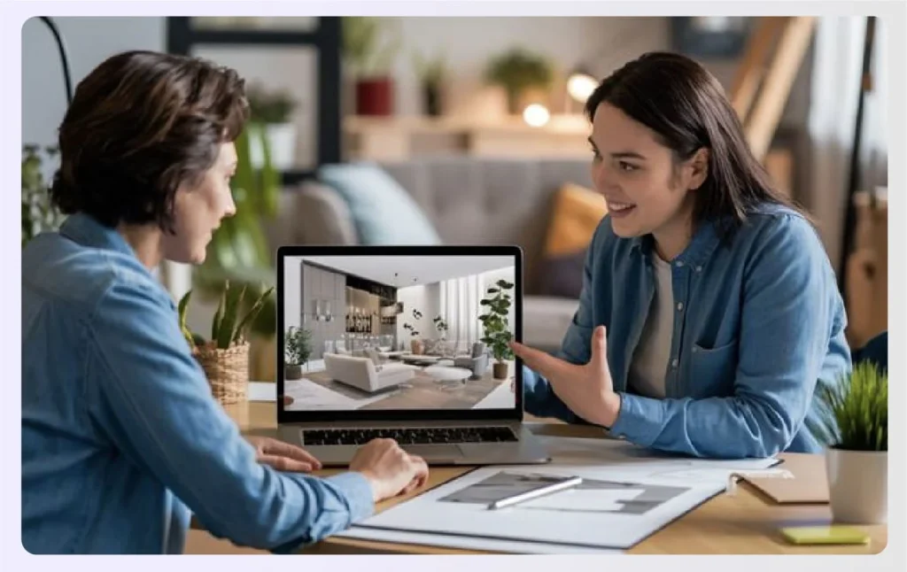 Designer showing client a 3D render on laptop