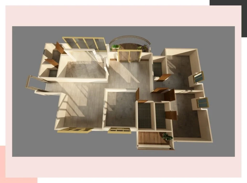 A 3D view of an unfurnished floor plan showing room structure and flow A 3D view of an unfurnished floor plan showing room structure and flow