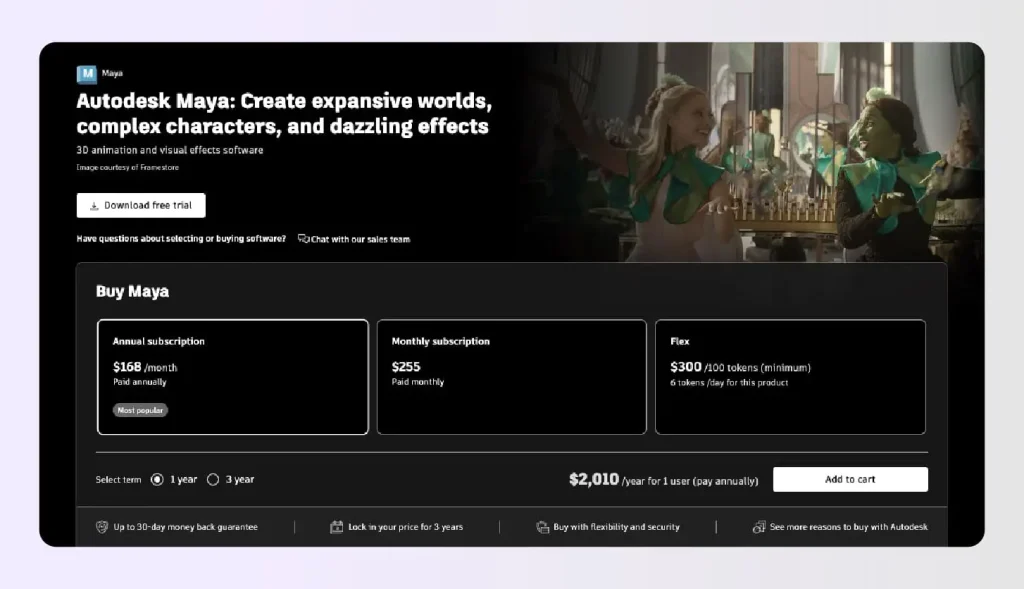 Autodesk Maya is a professional 3D animation and VFX software with annual, monthly, and Flex subscription options Autodesk Maya is a professional 3D animation and VFX software with annual, monthly, and Flex subscription options
