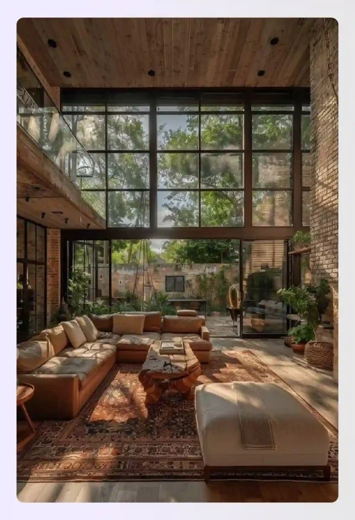 Two-story biophilic glass house with integrated indoor plant wall Two-story biophilic glass house with integrated indoor plant wall