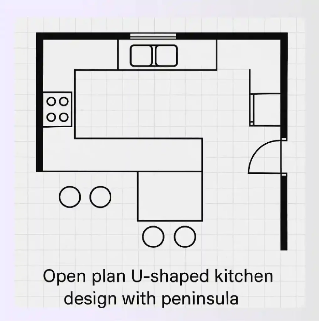 Open plan U-shaped kitchen design with peninsula
