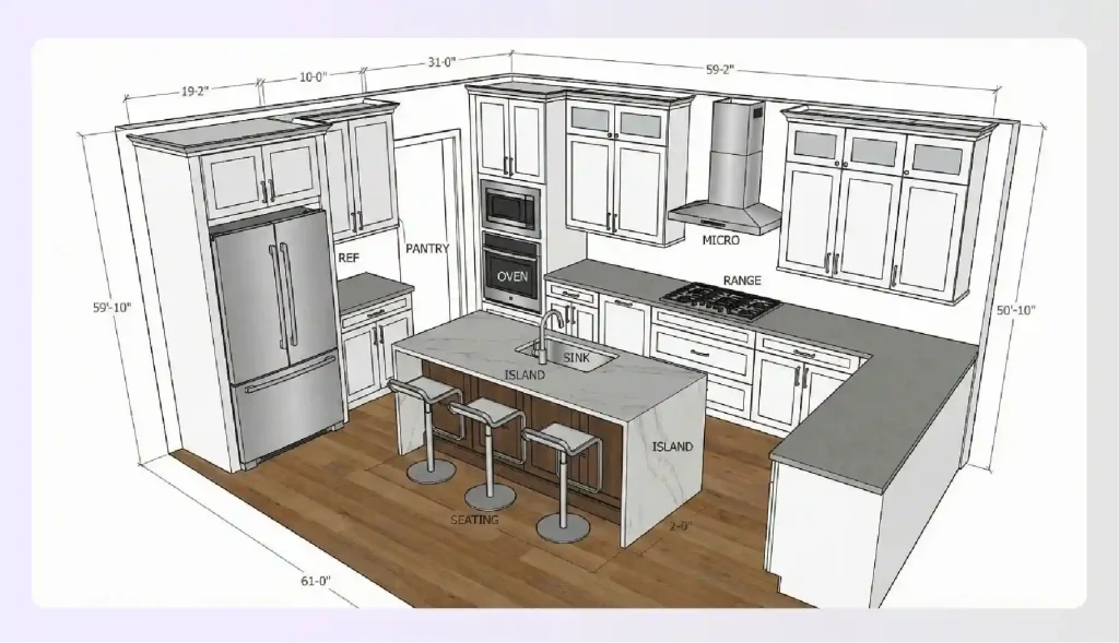 Large u-shaped kitchen layout with island