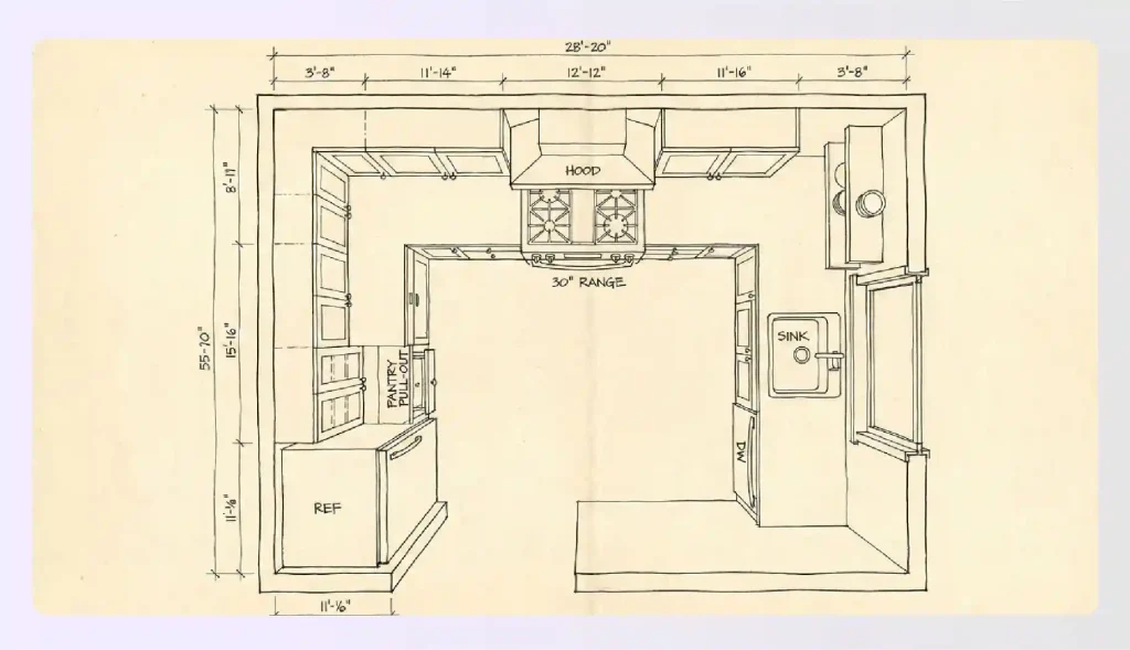 Asymmetric small u-shaped kitchen design