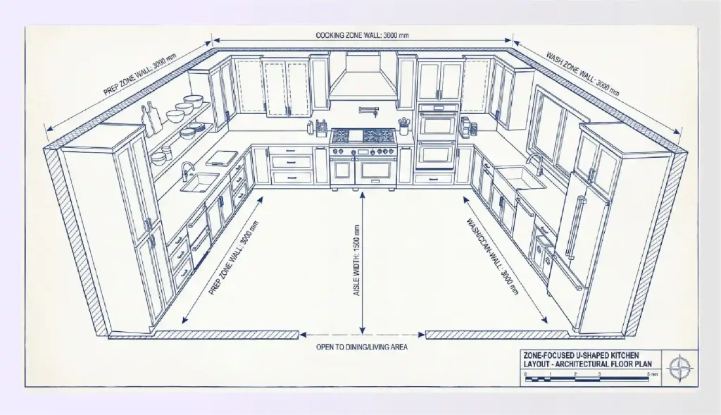Zoned u-shaped kitchen layout for families